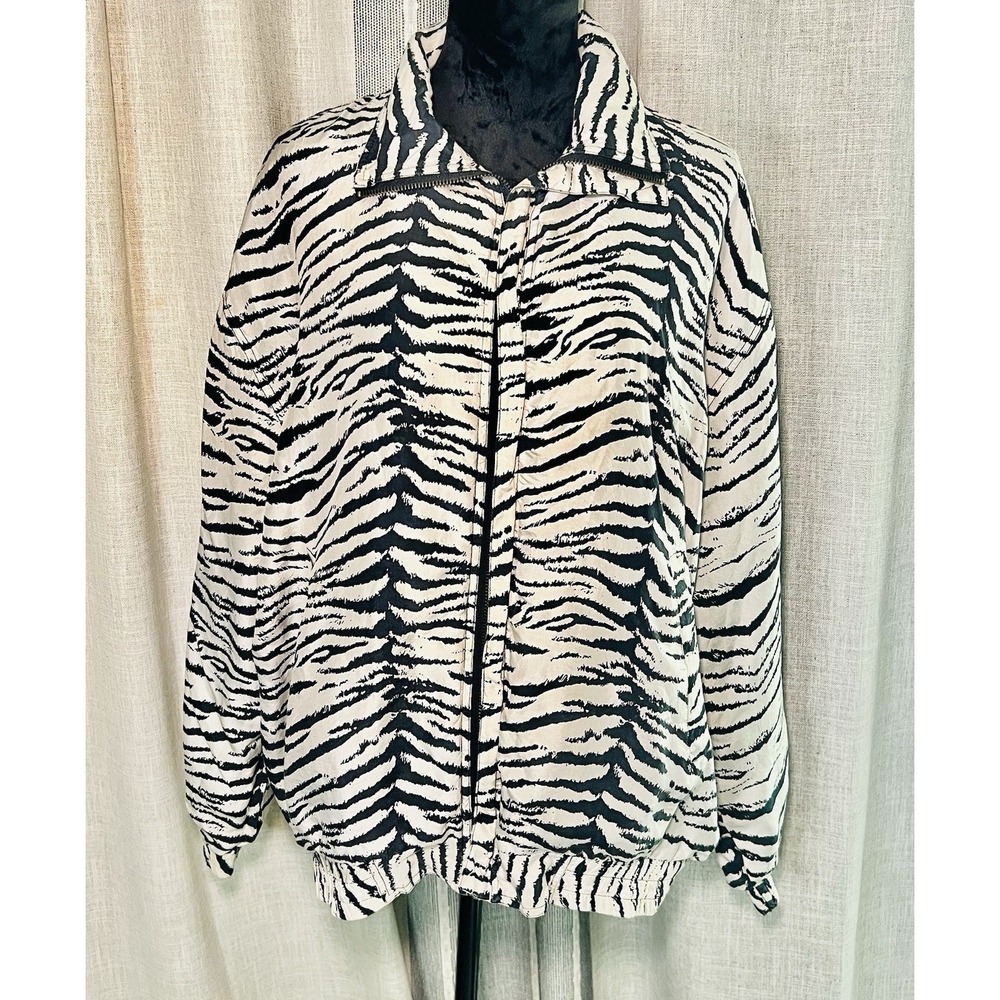 Zebra Print CoAco Womens 100% Silk Light Zip Front Jacket Large Black & White